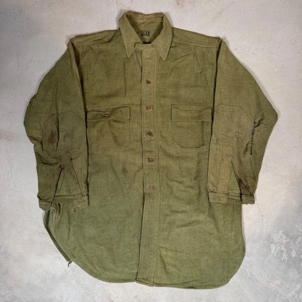 Vintage 1940s Military Wool flannel Field Shirt Mens XL Olive Drab Distressed